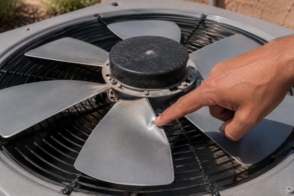Close-up inspection of a condenser fan blade for damage during AC repair in Mesa