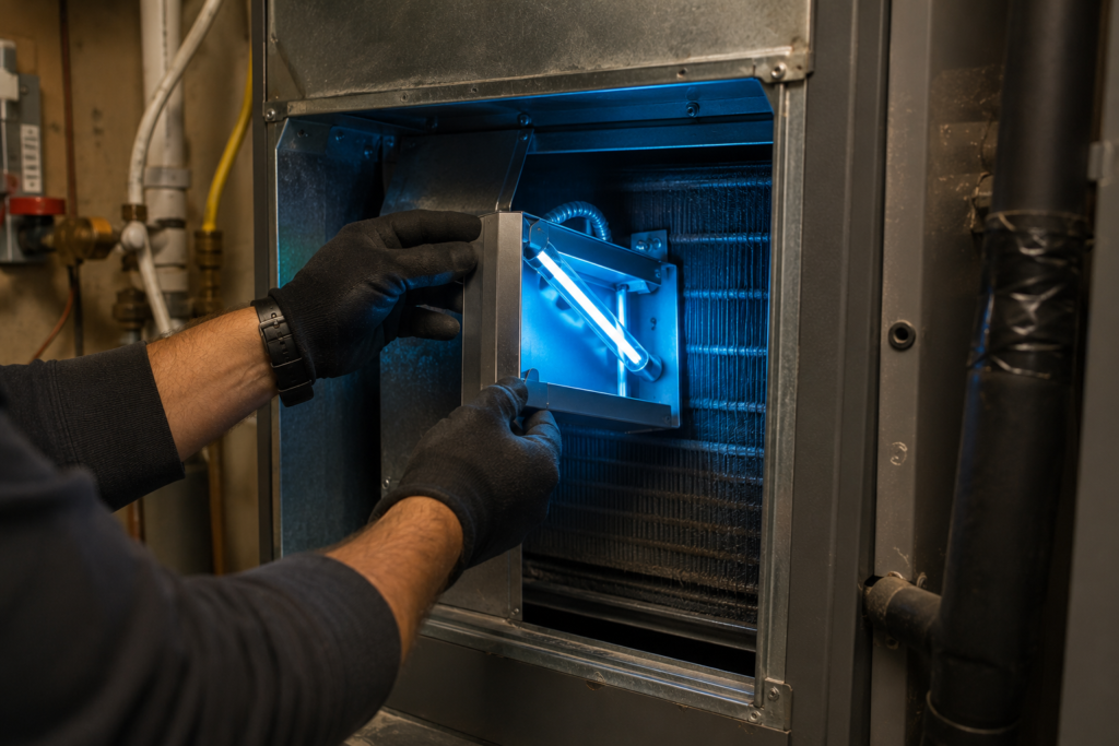 HVAC technician installing a UV light system inside an air handler unit in Mesa, AZ
