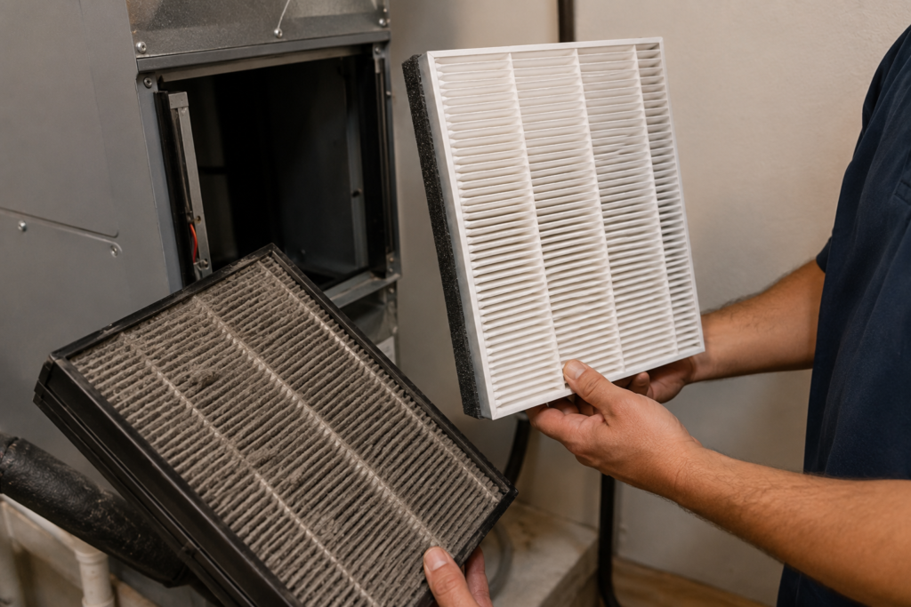 HEPA air filter replacement showing dust buildup comparison in a Mesa HVAC system